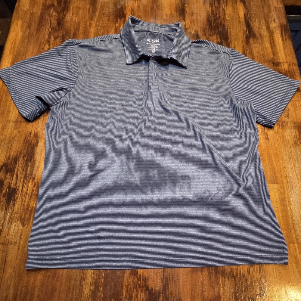 01.Algo Mens L Performance Stretch Quick Dry UV Short Sleeve Polo Blue Striped